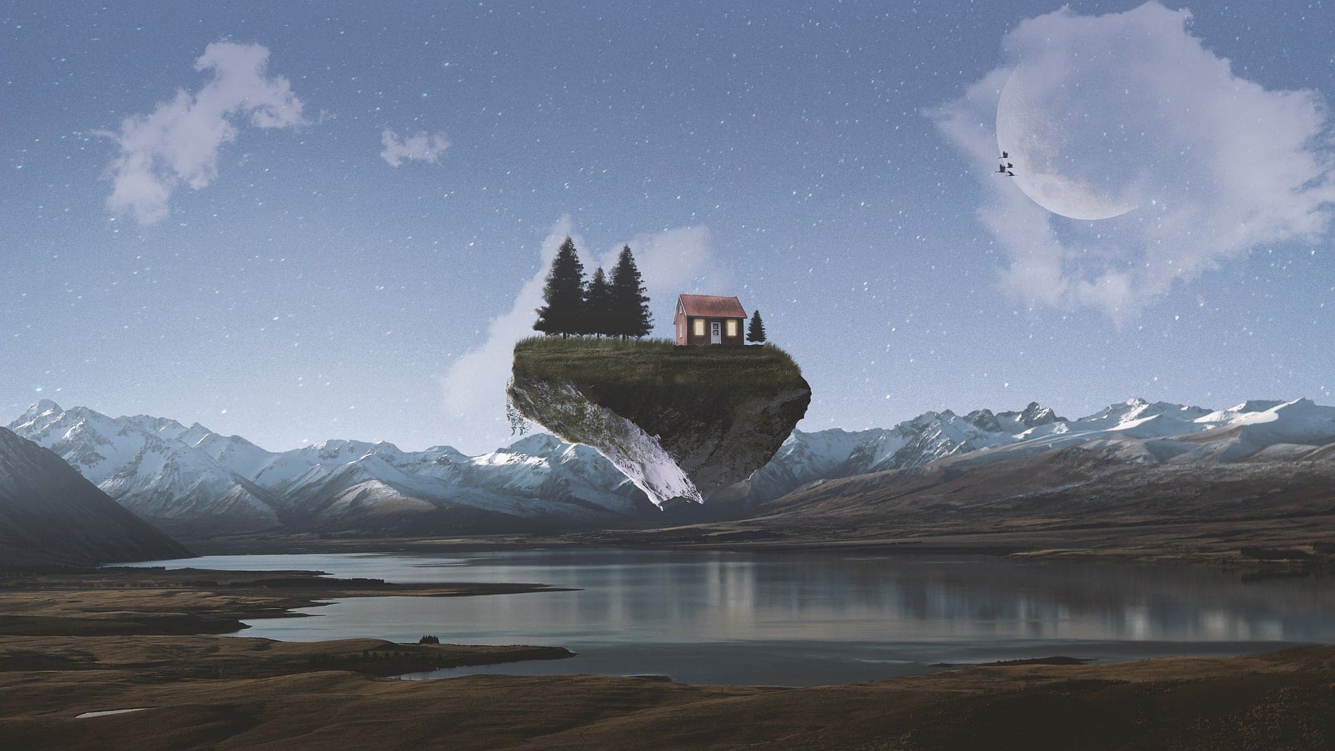 Illustration of house floating over lake by Psychofladoodle for Pixabay